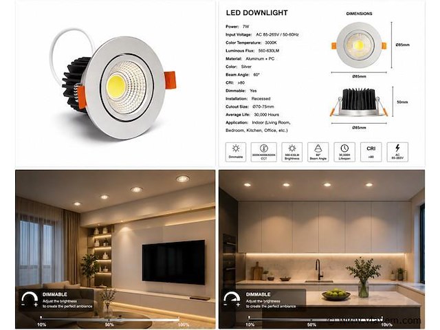 25 x led downlight – 7w – draaibaar – dimbaar – 3000k warm – zilver - afbeelding 4 van  4