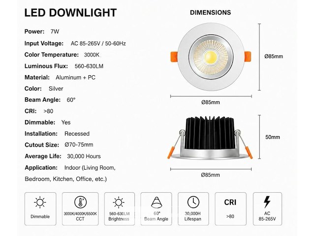 25 x led downlight – 7w – draaibaar – dimbaar – 3000k warm – zilver - afbeelding 4 van  5