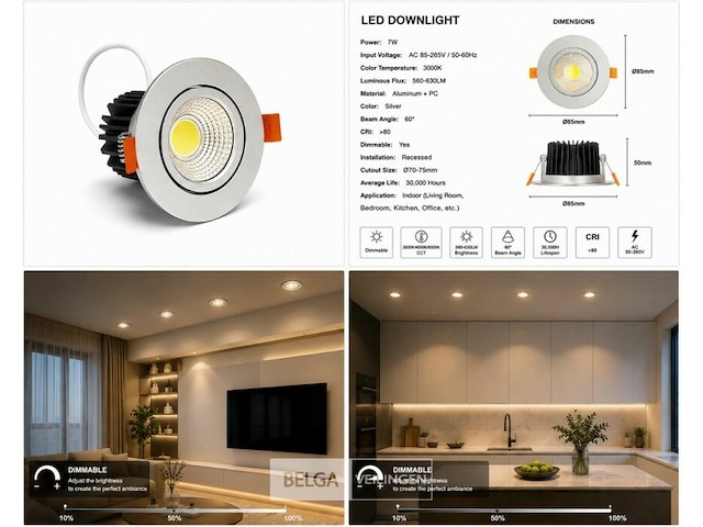 25 x led downlight – 7w – draaibaar – dimbaar – 3000k warm – zilver - afbeelding 5 van  5
