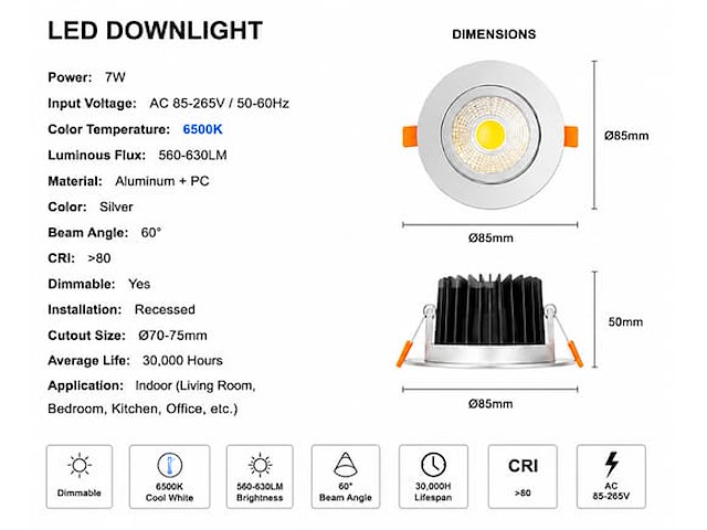 25 x led downlight – 7w – draaibaar – dimbaar – 6500k koud wit – zilver - afbeelding 4 van  4