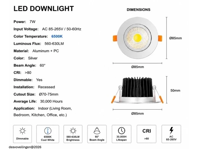 25 x led downlight – 7w – draaibaar – dimbaar – 6500k koud wit – zilver - afbeelding 4 van  5