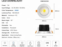 25 x led downlight – 7w – draaibaar – dimbaar – 6500k koud wit – zilver - afbeelding 4 van  5