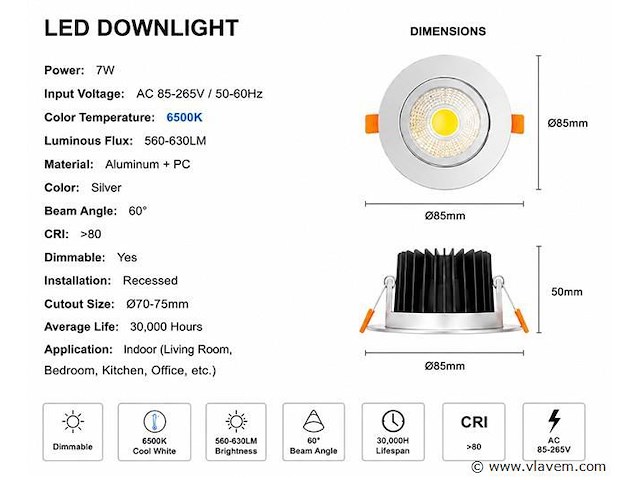 25 x led downlight – 7w – draaibaar – dimbaar – 6500k koud wit – zilver - afbeelding 3 van  4