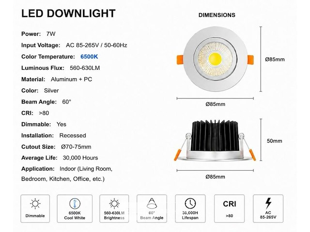 25 x led downlight – 7w – draaibaar – dimbaar – 6500k koud wit – zilver - afbeelding 4 van  5
