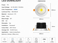 25 x led downlight – 7w – draaibaar – dimbaar – 6500k koud wit – zilver - afbeelding 4 van  5