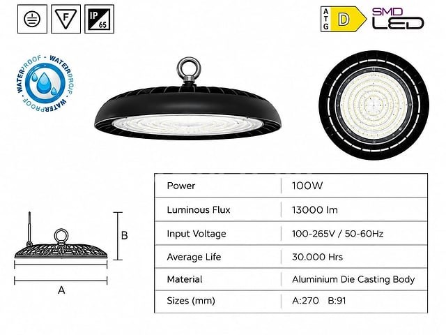 25 x led highbay ufo – 100w – 6400k koud wit – ip65 – agora-100 - afbeelding 5 van  5
