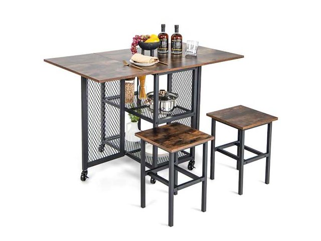 3-delige inklapbare eettafel met 2 krukjes en wielen - afbeelding 5 van  10
