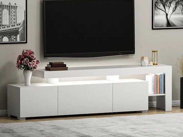 3-deurs melamine tv-meubel met witte afwerking en led-verlichting - afbeelding 1 van  9