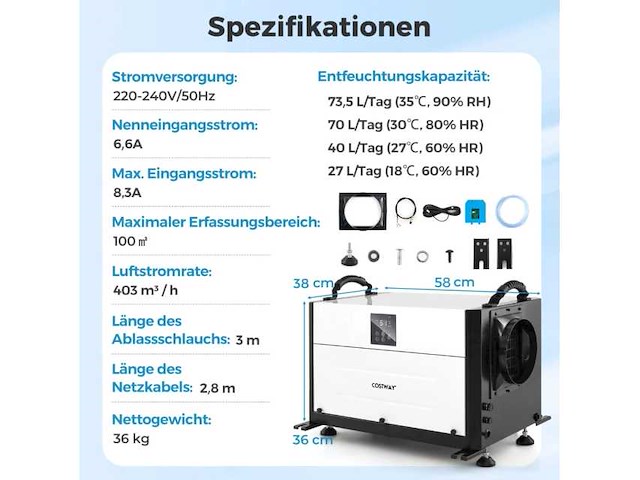 3-functionele luchtontvochtiger met 24-uurs timer, 2-in-1 industrieel droogapparaat, wit - afbeelding 3 van  8