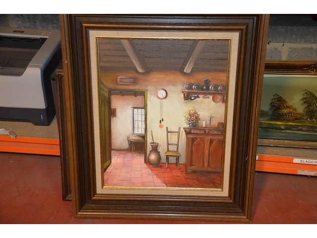 3 houten beeldjes, houtsnijwerk , ovale spiegel in goudkleurige kader, diverse schilderijen en wandversieringen - afbeelding 8 van  15