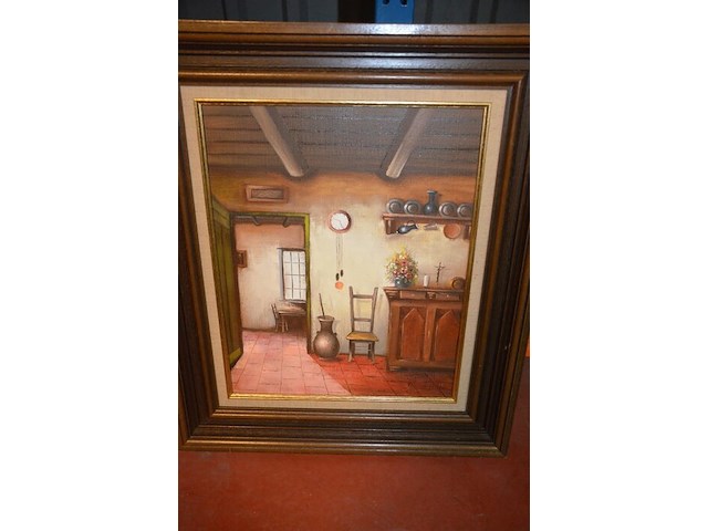 3 houten beeldjes, houtsnijwerk , ovale spiegel in goudkleurige kader, diverse schilderijen en wandversieringen - afbeelding 9 van  15