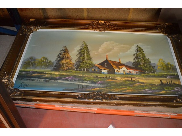 3 houten beeldjes, houtsnijwerk , ovale spiegel in goudkleurige kader, diverse schilderijen en wandversieringen - afbeelding 11 van  15