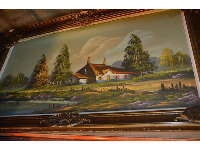 3 houten beeldjes, houtsnijwerk , ovale spiegel in goudkleurige kader, diverse schilderijen en wandversieringen - afbeelding 12 van  15