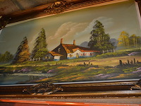 3 houten beeldjes, houtsnijwerk , ovale spiegel in goudkleurige kader, diverse schilderijen en wandversieringen - afbeelding 12 van  15