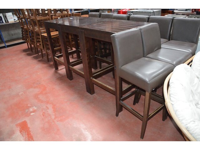 3 houten staantafels afm. 70x70x110cm , ligstoel hout, 8 barstoelen bruin leder mar meubelen (1,8,30) - afbeelding 9 van  12