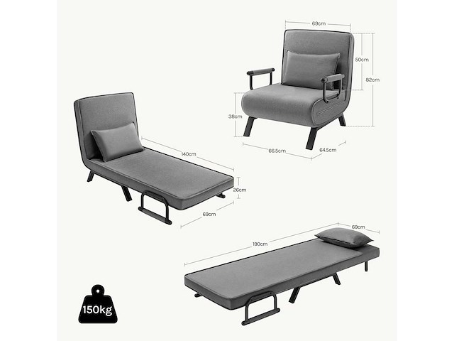 3-in-1 bankbed, omkleubare fauteuil met 5-standen verstelbare rugleuning - donkergrijs - afbeelding 3 van  9