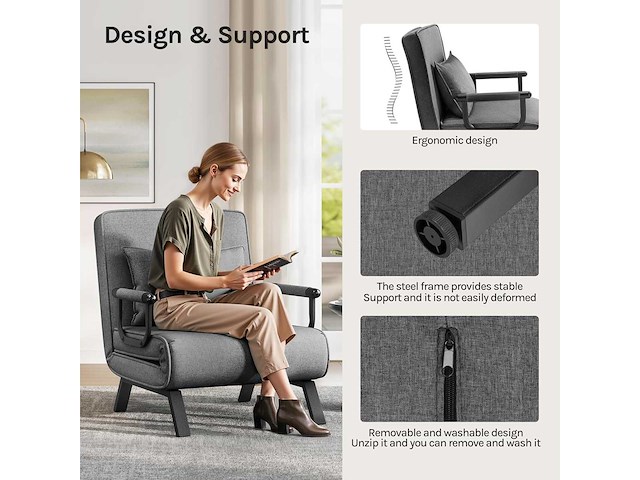 3-in-1 bankbed, omkleubare fauteuil met 5-standen verstelbare rugleuning - donkergrijs - afbeelding 7 van  9