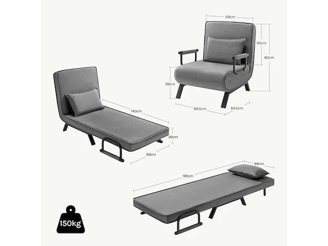 3-in-1 bankbed, omkleubare fauteuil met 5-standen verstelbare rugleuning - donkergrijs - afbeelding 2 van  8