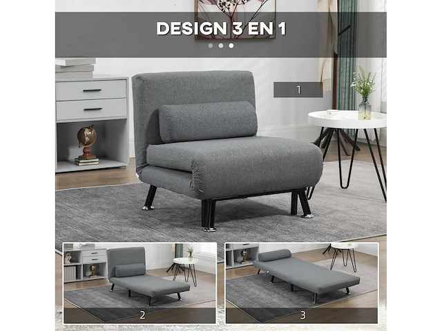 3-in-1 fauteuil slaapbank met grijs kussen - afbeelding 3 van  8