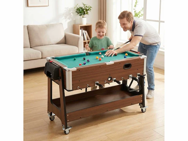 3-in-1 multi-game tafel met wielen en rem, opbergplank, kindervoetbal, biljart en airhockey, walnoot - afbeelding 1 van  5