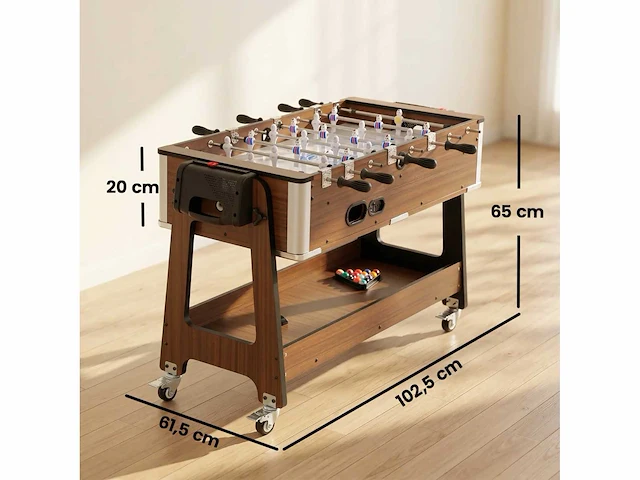 3-in-1 multi-game tafel met wielen en rem, opbergplank, kindervoetbal, biljart en airhockey, walnoot - afbeelding 3 van  5