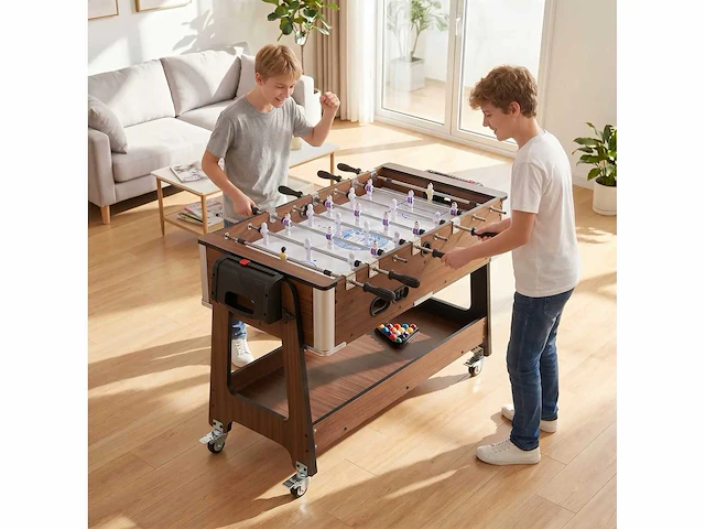 3-in-1 multi-game tafel met wielen en rem, opbergplank, kindervoetbal, biljart en airhockey, walnoot - afbeelding 4 van  5