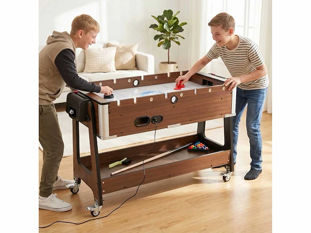 3-in-1 multi-game tafel met wielen en rem, opbergplank, kindervoetbal, biljart en airhockey, walnoot - afbeelding 5 van  5