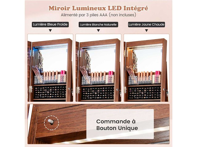 3-in-1 sieradenkast op wielen frameless psyche spiegel led-lampen verstelbare planken die op slot zijn - afbeelding 2 van  11