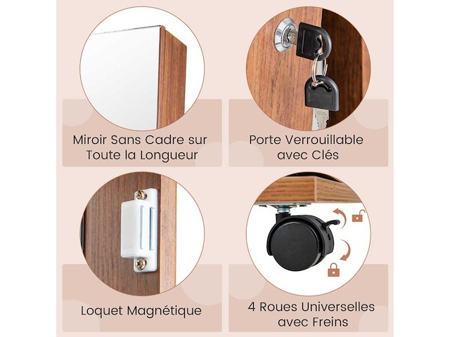 3-in-1 sieradenkast op wielen frameless psyche spiegel led-lampen verstelbare planken die op slot zijn - afbeelding 8 van  11