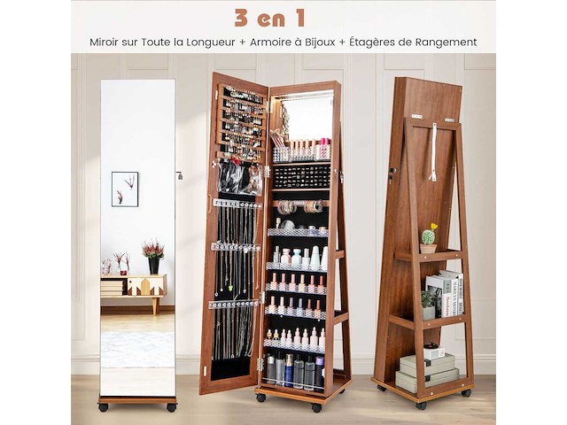 3-in-1 sieradenkast op wielen frameless psyche spiegel led-lampen verstelbare planken die op slot zijn - afbeelding 10 van  11