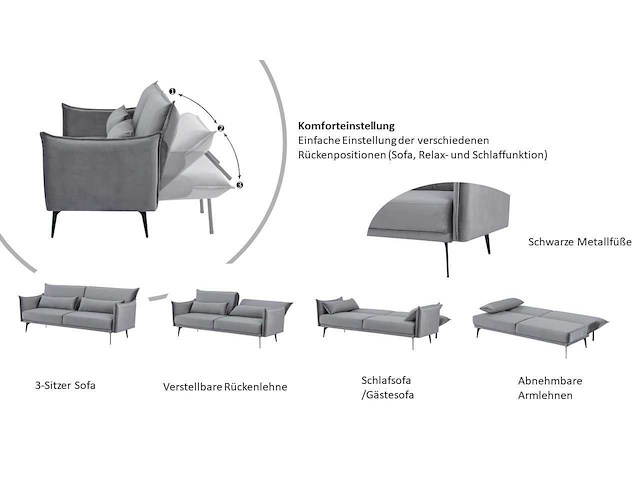 3-persoons slaapbank met verstelbare rugleuning - grijs fluweel - afbeelding 11 van  21
