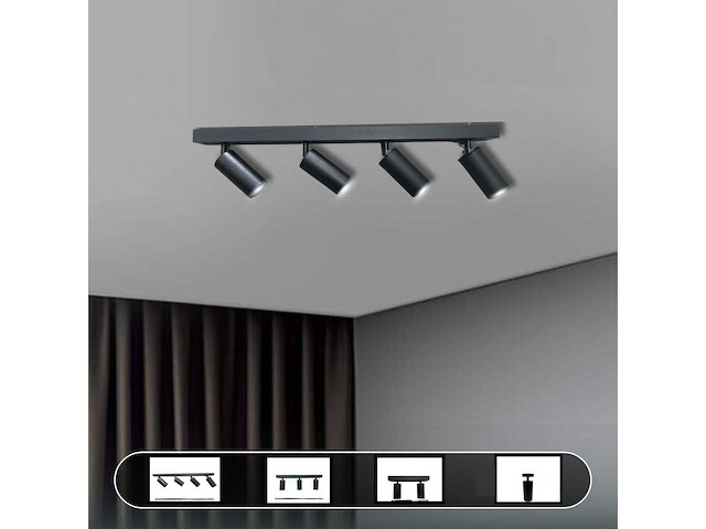 3 x gu10 opbouwspot armatuur – 4 draaibare spots – ip20 – zwart - afbeelding 4 van  5