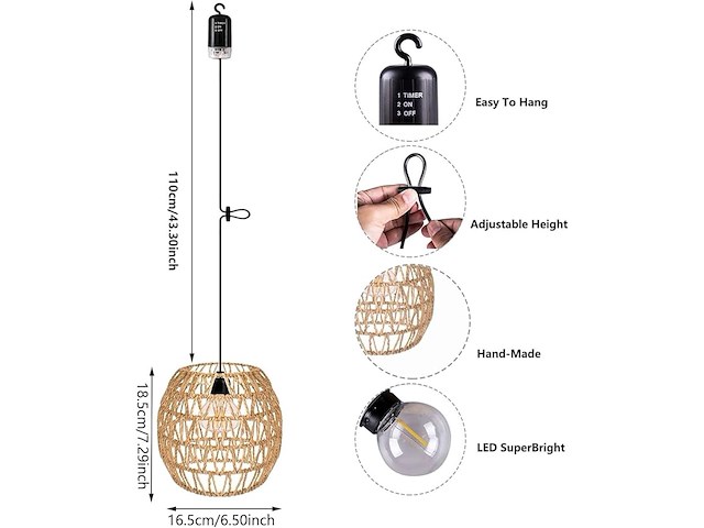 3 x hanglamp van rotan met batterij - afbeelding 2 van  4