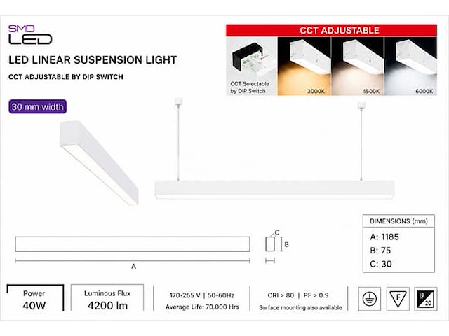 3 x led lineaire hanglamp 40w – 3cct instelbaar - wit – innova3-40 3cct - afbeelding 2 van  5