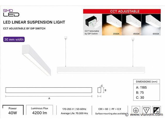 3 x led lineaire hanglamp 40w – 3cct instelbaar - wit – innova3-40 3cct - afbeelding 4 van  5