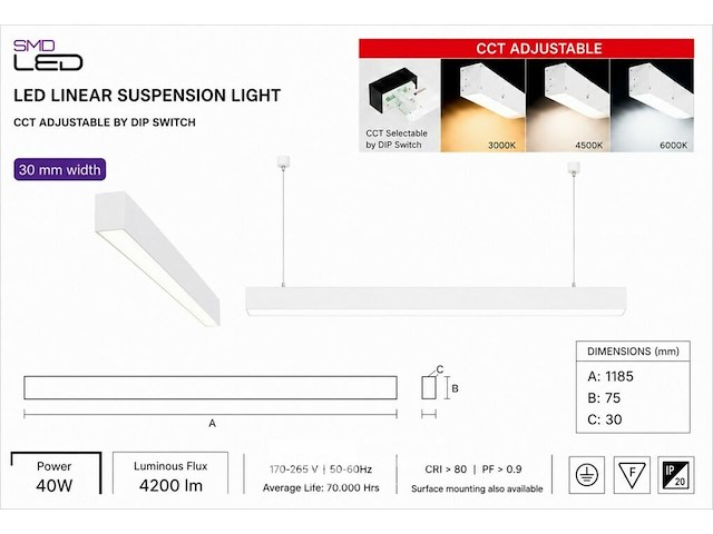 3 x led lineaire hanglamp 40w – 3cct instelbaar - wit – innova3-40 3cct - afbeelding 5 van  6