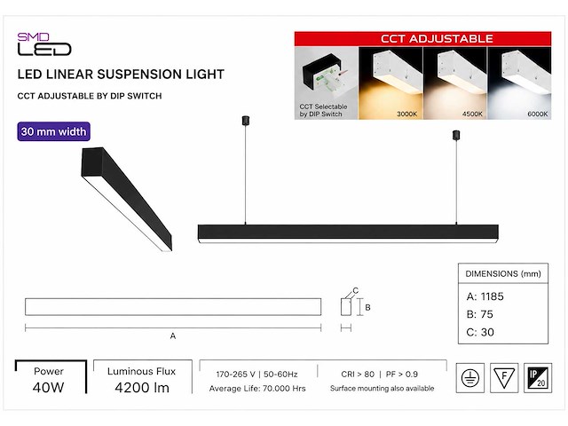 3 x led lineaire hanglamp 40w – 3cct instelbaar - zwart – innova3-40 3cct - afbeelding 4 van  5