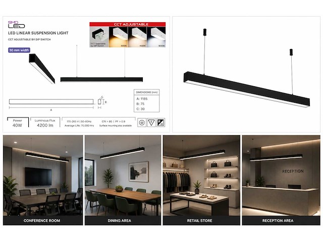 3 x led lineaire hanglamp 40w – 3cct instelbaar - zwart – innova3-40 3cct - afbeelding 5 van  5