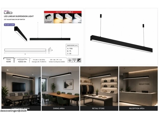 3 x led lineaire hanglamp 40w – 3cct instelbaar - zwart – innova3-40 3cct - afbeelding 6 van  6