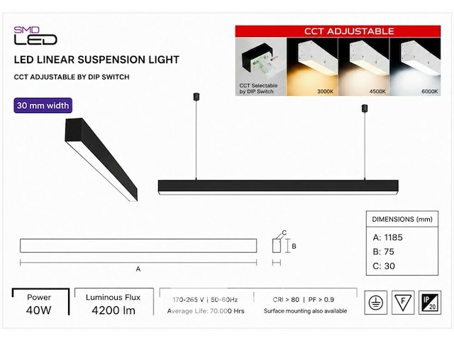 3 x led lineaire hanglamp 40w – 3cct instelbaar - zwart – innova3-40 3cct - afbeelding 5 van  6