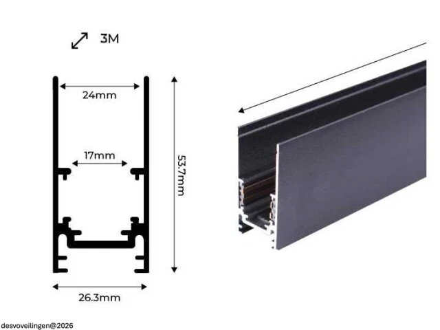 3 x magnetische rail voor opbouw – 20mm – 48v – 2 meter – zwart - afbeelding 6 van  6