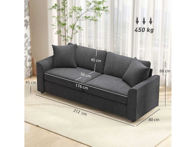 3-zits bank 212 cm met 2 veerkussens, ribfluwelen stof, voor woonkamer, slaapkamer, thuiskantoor, donkergrijs - afbeelding 3 van  8