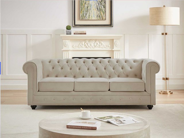 3-zits bank in beige fluweel - afbeelding 2 van  11