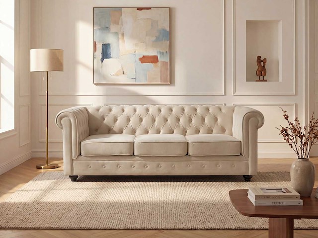 3-zits bank in beige fluweel - afbeelding 1 van  11