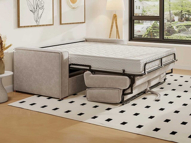 3-zits ombouwbank in beige ribfluwelen - bed met brede latten 140 cm - matras 22 cm - afbeelding 3 van  8