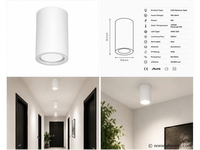 30 x led opbouw spot 5w – 4200k neutraal wit - wit – ip20 – sandra-5/xl - afbeelding 2 van  5