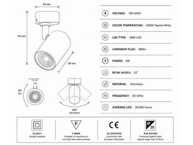 30 x led rail spot 5w – 4200k neutraal wit - wit – ip20 – arizona-5 - afbeelding 4 van  5