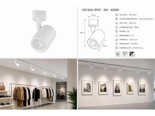 30 x led rail spot 5w – 4200k neutraal wit - wit – ip20 – arizona-5 - afbeelding 4 van  4