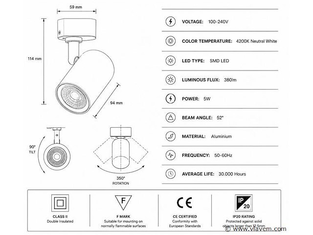 30 x led rail spot 5w – 4200k neutraal wit - wit – ip20 – arizona-5 - afbeelding 4 van  5