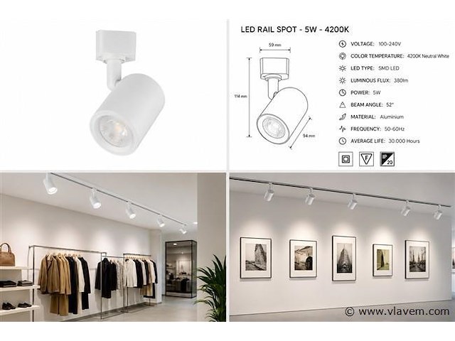 30 x led rail spot 5w – 4200k neutraal wit - wit – ip20 – arizona-5 - afbeelding 5 van  5